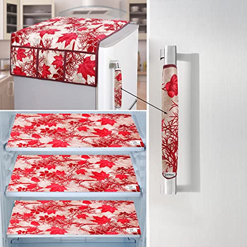 Image of Exclusive Combo Set of Appliances Cover (1 Pc. of Fridge Top Cover, 1 Pc. of Refrigerator Handle Cover and 3 Pc. Of Refrigerator Mat /Fridge Shelf Mat) (Color- Red, Design-Floral, Set Contains- 5 Pcs.)