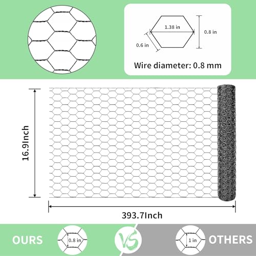 Image of Chicken Wire 16.9 in x 393.7 in Poultry Wire Netting Hexagonal Galvanized Mesh Garden Fence Barrier for Pet Rabbit Chicken Fencing with 100 Pcs Cable Zip Ties(PVC-Coated)