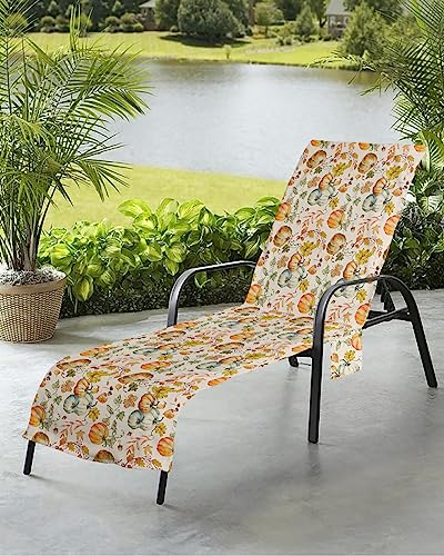Watercolor Pumpkin Beach Chair Towel Covers for Chaise Lounge with Side Pocket, Soft Plush Pool Towels Cover for Patio Sunbathing Outdoor 29''x85'' Thanksgiving Autumn Nut Fall Leaves