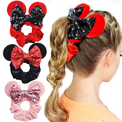 3Pcs Hair Scrunchies Mouse Ears Bows Scrunchies,Sequin Bows Velvet Elastic Rubber Hair Accessories,Ropes Ponytail Holder Hair Ties,Shower Headband Sparkle Bow Hair Band for Women Girl (Black+Red+Pink)