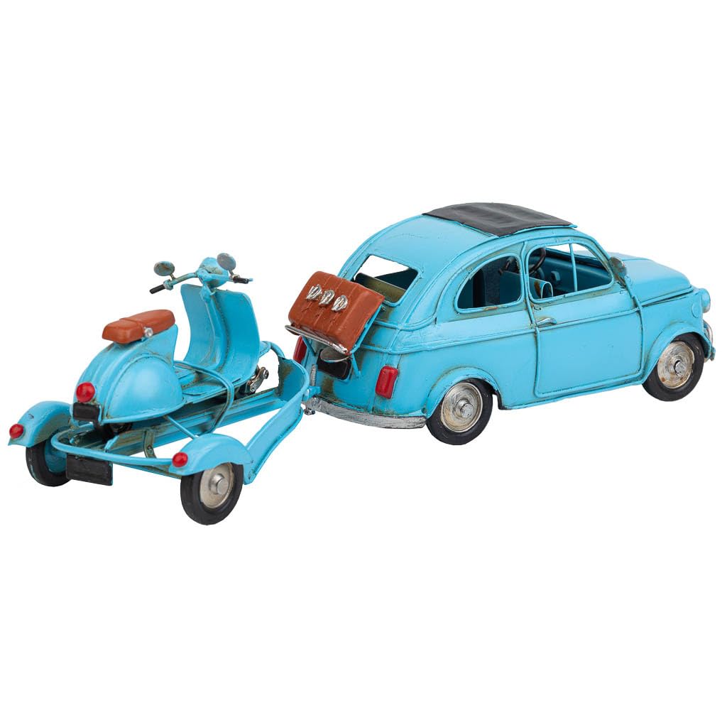 WANDERLUST DECO Coche de remolque con Moto de Metal Azul 34x10x10.5