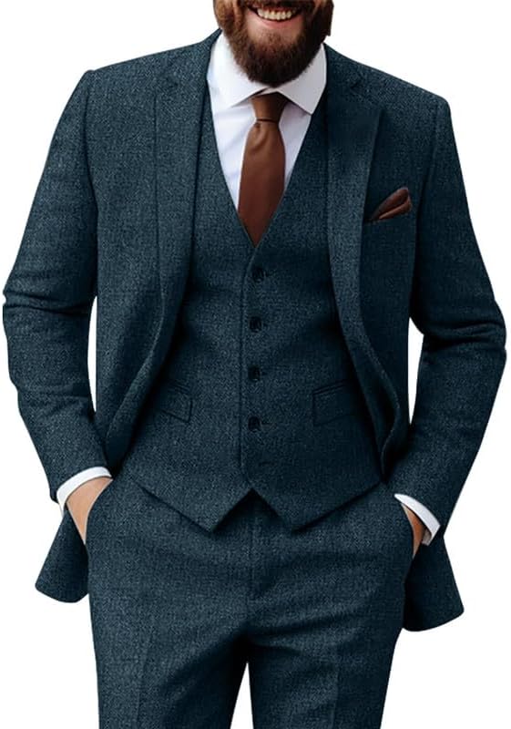 Men Retro Tweed Suit Set 3 Piece Slim Fit Groom Tuxedos Set Prom Notch Lapel Jacket Vest Pants Set