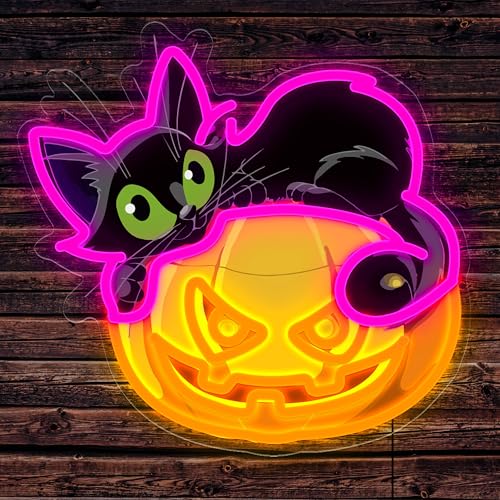 Image of Halloween Neon Sign for Wall Decor Pumpkin Black Cat LED Neon Lights for Halloween Room Decor, Halloweenn Party Lights