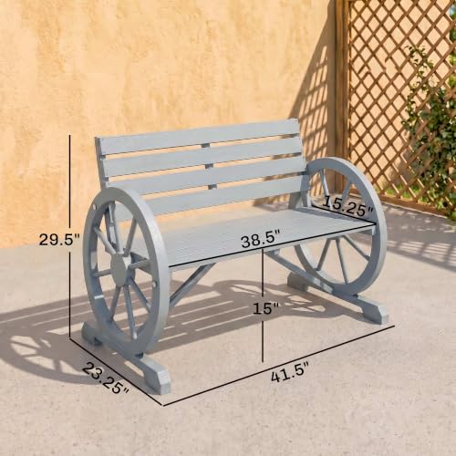 Image of Outsunny 41 inch Wooden Outdoor Bench Rustic Wagon Wheel Light Gray