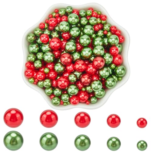 SUNNYCLUE 1000Pcs 5 Sizes Christmas Vase Filler Pearls No Hole Pearl Bulk Acrylic Green Red Xmas Highlight Round Art Imitation Loose Mini Beads for Fillers Decorations jewellery Making Nail DIY Crafts