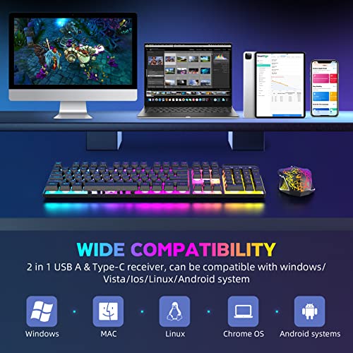 Image of T3 PRO Wireless Keyboard Mouse Combo, USB /Type-C Dual Receiver, Rainbow Backlit 2.4G Rechargeable 4000 Battery Mechanical Feel Gaming Keyboard + 2400DPI 6 Buttons Gaming Mouse + Mouse Pad(Black)
