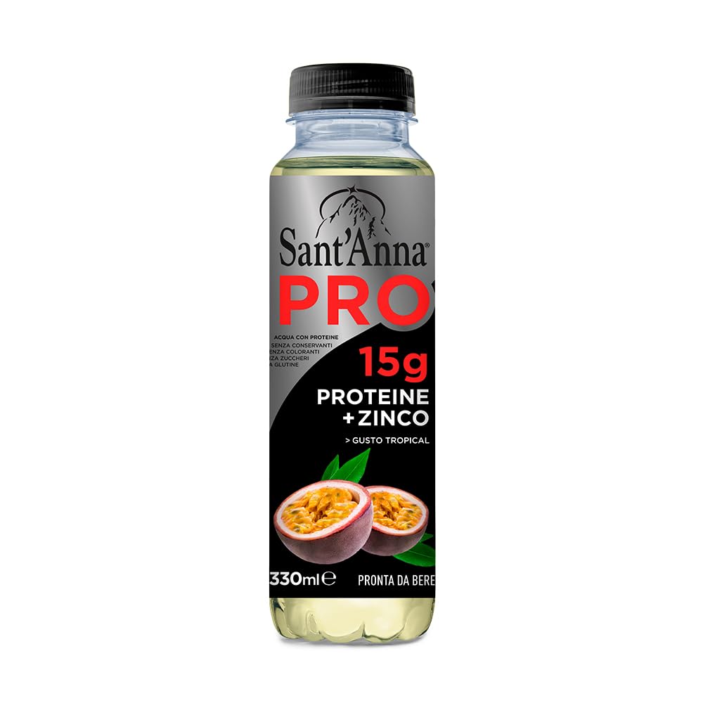 Sant'Anna PRO Tropical 0,33L | confezione 12 Bottiglia | Bevanda Proteica in Acqua Sant'Anna | Alto Contenuto di Proteine | Perfetta per Sportivi, dona Idratazione