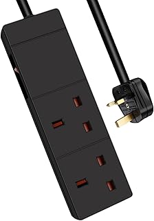 EXTRASTAR 2 Gang Extension Lead with Led Indicator and Side Switch in Black, 2M Extension Cord 13A UK Plug Max 3120W, 2 Socket Power Strip for Home Office School