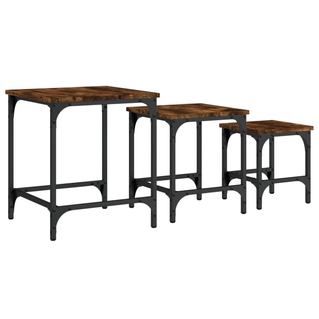 Mesa de reunión, 3 piezas, material de madera ahumada, juego de mesa de café de diseño industrial, mesas auxiliares estables para sala de estar, dormitorio, oficina, ahorro de espacio