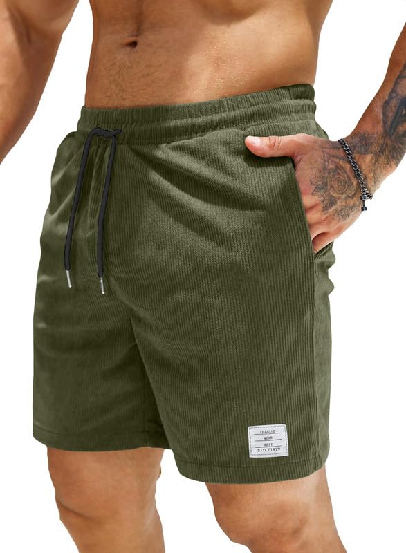 JMIERR Herren Corduroy Short 2024 Sommer Leinen Stretch Baumwolle Kurze Hose mit Taschen Grün L