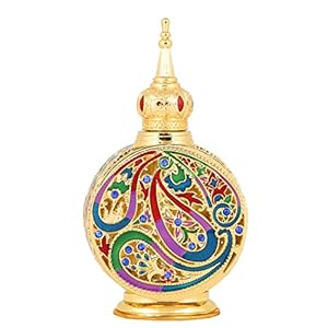 Vintage 18ml Empty Refillable Egyptian Style Enameled Metal and Glass Perfume Bottle