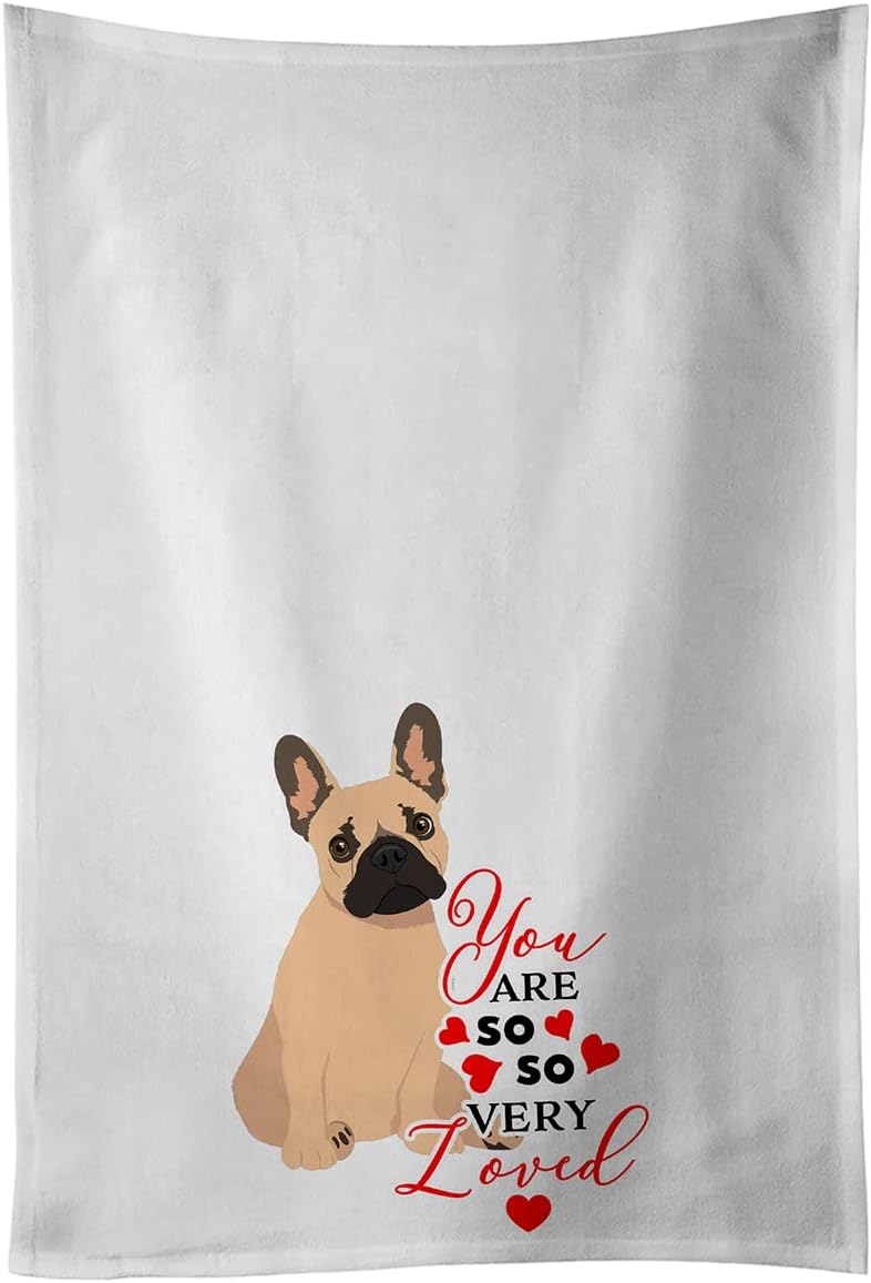 Caroline's Treasures WDK3921WTKT French Bulldog Fawn #1 so Loved White Kitchen Towel Set of 2 Dish Towels Decorative Bathroom Hand Towel for Hand, Face, Hair, Yoga, Tea, Dishcloth, 19 X 25, White