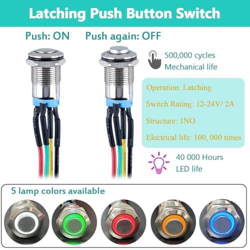 Image of 2Pcs 12mm Metal Latching Push Button Switch Waterproof Anti-Vandal High Round Head Silver Shell with 15cm Pre-soldered Cable 1NO 12V-24V ON-Off for 1 /2 inch Mounting Hole with Halo Ring Green LED