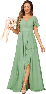 Women's V Neck Chiffon Bridesmaid Dresses with Pockets Pleated Aline Formal Evening Dresses with Slit 2025 RO008X
