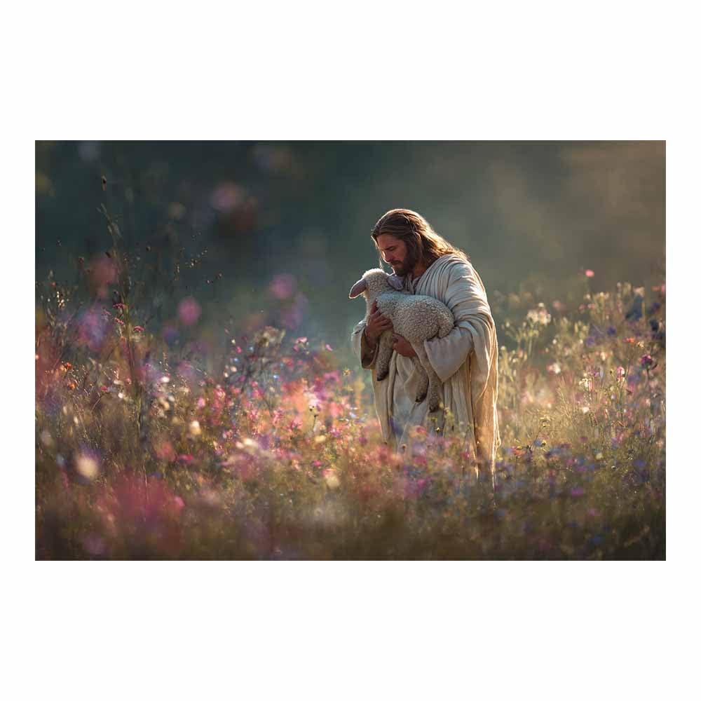 ZAMAEIU Jesus Christ Classic Painting Style Embracing in a flowers fields Religious Figure Wall Art Print,Room Decor for living room, bedroom, church, hospital(white)-30x50cm Unframed