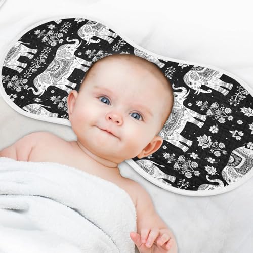 2 Pack Muslin Burp Cloths Elephants Boho Black Cotton Baby Burp Cloths Ultra Absorbent Soft Burping Cloth Washcloths for Newborn Boys Girls, Large 22" x 11"4