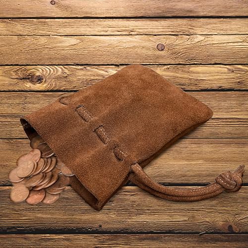 Medieval Drawstring Coin Pouch, Handmade Full Grain Leather Pouch, Suede Brown Vintage Bag for Cosplay, Renaissance-Style Coin Purse, Authentic Faux Leather Money Bag for Costumes3