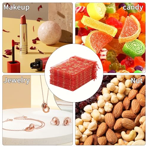 Image of Snowflake Organza Bags, 50 PCS Christmas Sheer Organza Bags with Drawstring 4 x 6 inch, Jewelry Gift Bag, Red Small Mesh Goodies Xmas Wedding Favor Mini Candy Pouches Bag for Christmas Party Favors