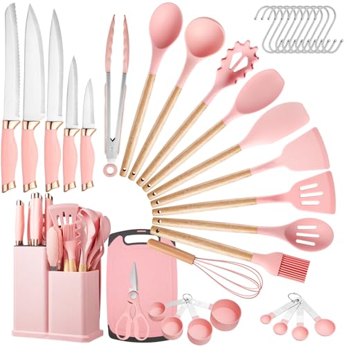LSFCHUJU 37 PCS Kitchen Utensils Set, Silicone Cooking Utensils Set with Knife Set and Holder, Wooden Handle Kitchen Tool Set (Pink)
