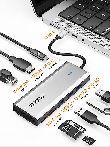 USB C Hub, iDsonix 8 in 1 USB C Docking Station Aluminium Multiport Adapte with HDMI 4K@60Hz, PD 100W, 1Gigabit Ethernet - Image 2