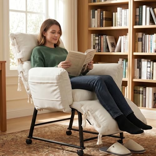 KEEZY Mid-Century Modern Recliner Chair 90-180 Adjustable Swivel Chair with Footrest Multi-Use Chair for Work or Relaxing Ergonomic Single Sofa with Wheels for Home Office Beige