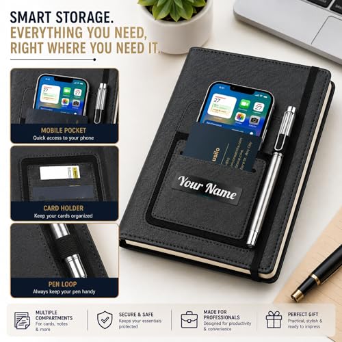 Image of Personalised Name PRINT | A5 Executive Notebook Diary with Mobile Holder, Card Slot & Pen Loop | Premium PU Leather Journal for Office, Meetings & Corporate Gifting | Office Diary & notebook