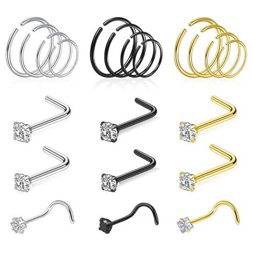 jagosen 21 Pcs Hoop Nose Rings Surgical Steel Nose Rings for Women 20G Nostril Piercing Jewelry Silver Gold Black Nostril Piercings Corkscrew Nose Studs L Shaped Nose Ring Hoops 6mm 8mm 10mm 12mm