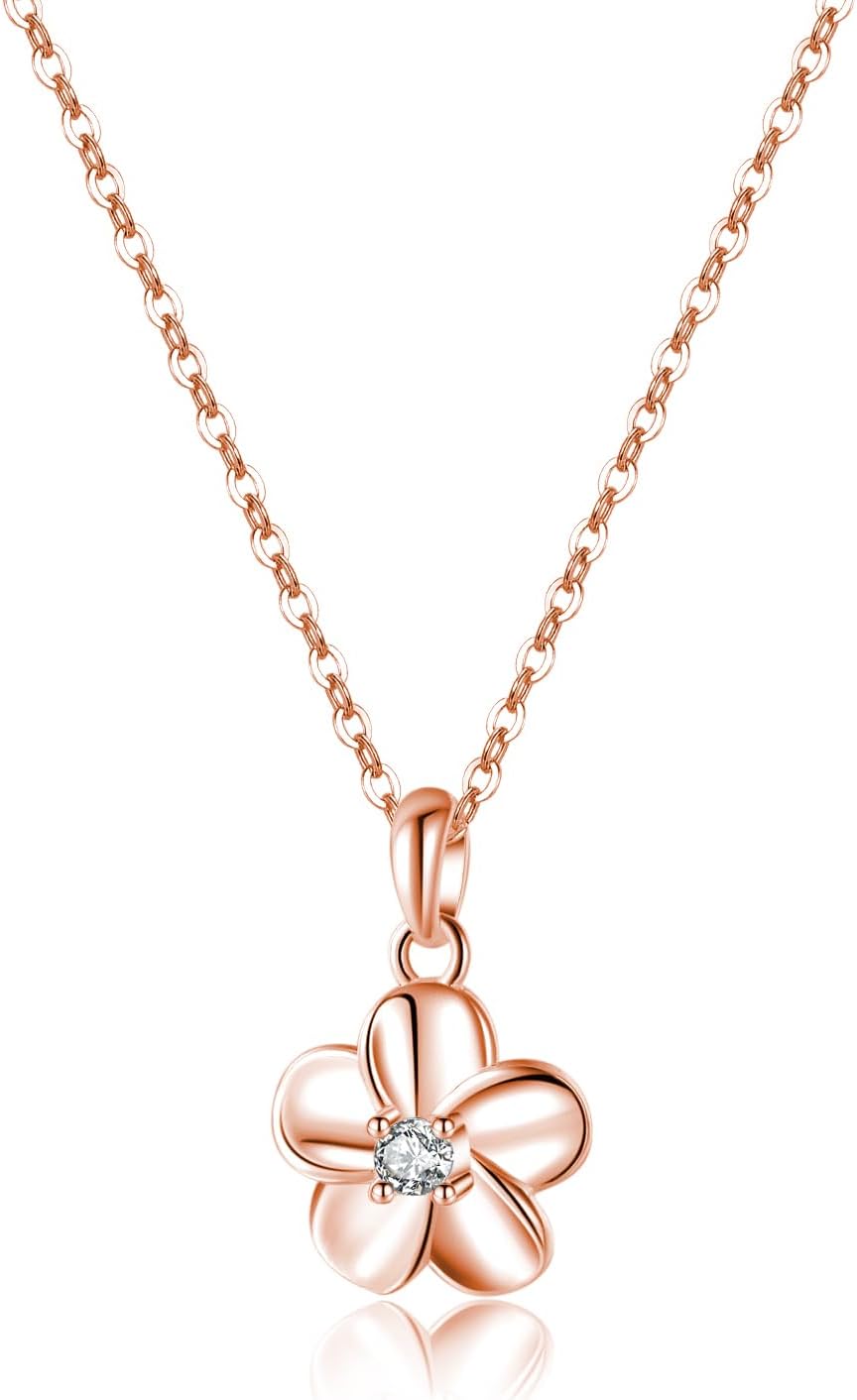 Reffeer Solid 925 Sterling Silver CZ Plumeria Flower Necklace Chain for Women Girls Flower Pendant Necklace Choker