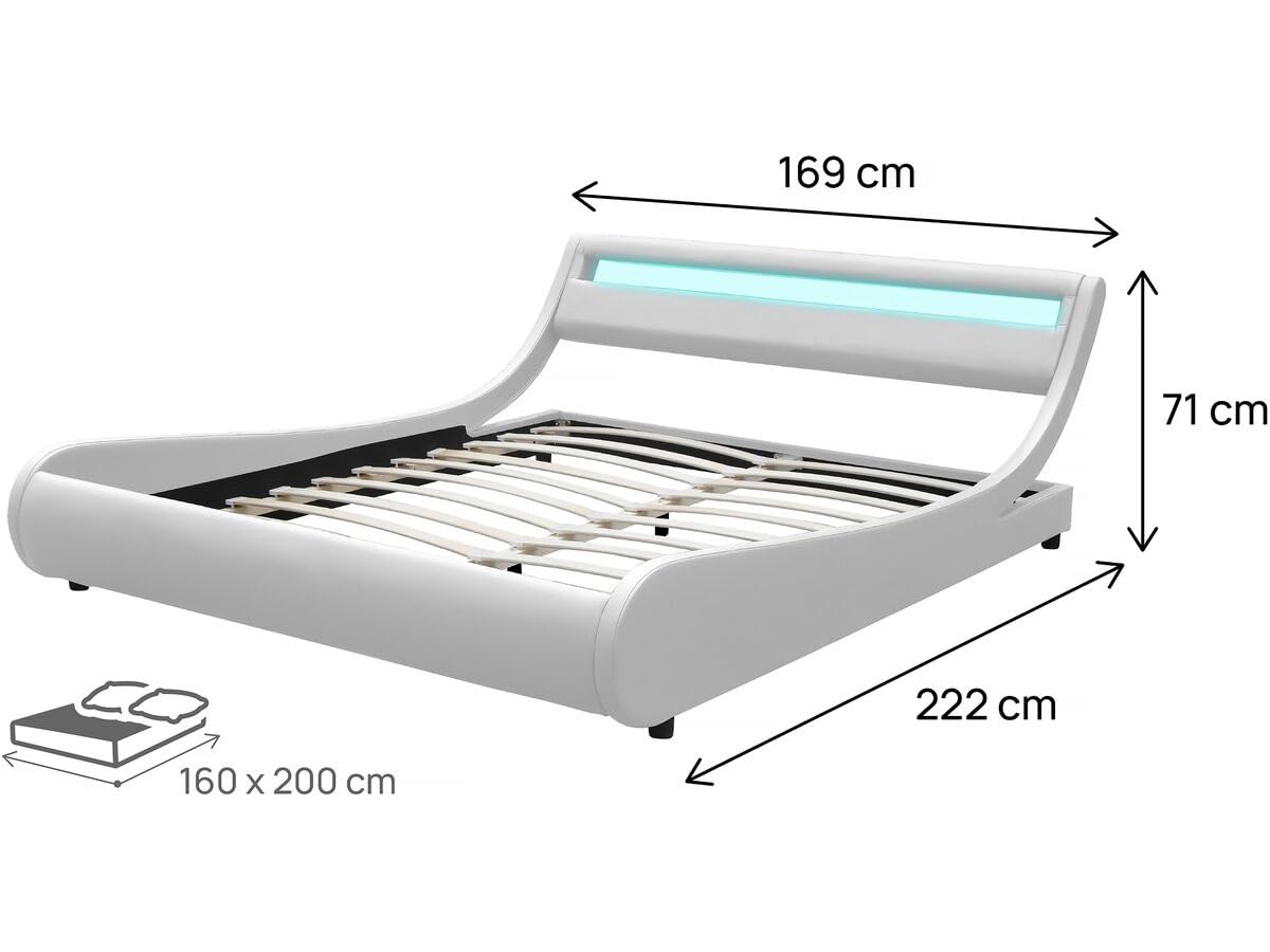 Habitat et Jardin - Lit Double Natacha en Simili Blanc avec LED Intégrées 160 x 200 cm | Cadre de Lit 2 Places Design | Sommier à Lattes Inclus