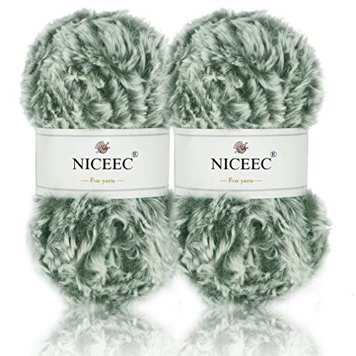 Image of NICEEC 2 Skeins Faux Fur Yarn Super Soft, Chunky & Fluffy, Eyelash Yarn for Crochet & Knitting (Total Length 70yds,3.53oz) - Light Olive Green