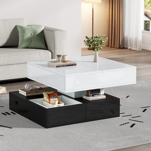 OKMYHOME Table Basse Rotative 360° - Table Basse avec Tiroirs et Rangement Caché - 70x70x40/55 cm - Blanc+Noir