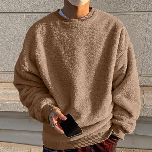 Mens Fuzzy Sherpa Sweatshirt Long Sleeve Fluffy Crew Neck Pullover Cozy Basic Unisex Fall Winter Warm Top Outwears2