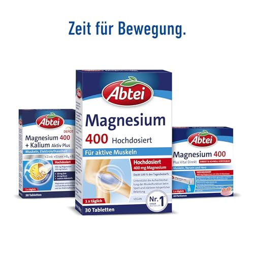 Abtei Magnesium 400 - hochdosiertes Magnesium für aktive Muskeln - bei Sport und körperlicher Belastung - Deckt 100% des Tagesbedarfs - Vegan, glutenfrei, laktosefrei - 1 x 30 Tabletten