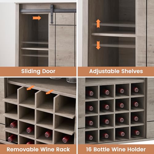 Image of Farmhouse Sideboard Buffet Cabinet with Sliding Barn Doors, Coffee Bar Cabinet with Adjustable Shelves, 16-Bottle Wine Storage & Glass Holder for Dining Room, Living Room,Light Oak