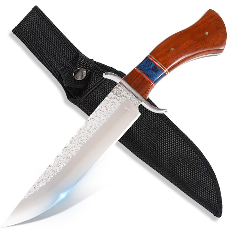 Couteau Outdoor 32cm – Lame Straight-Back avec Finition Marteau, Garde Classique en S en Acier Inox, Poignée Ergonomique en Bois avec Bleu Stabilisé, Compagnon Élégant pour la Nature