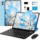10 Inch Tablet Android 15 Tablets with Keyboard, 30GB 64GB 1TB Expand Tab PC with 2.0GHz Octa-Core, 8MP Camera, 6000mAh, GMS, WiFi 6, BT 5.0, FHD Display, Widevine L1, Gemini AI (Blue)