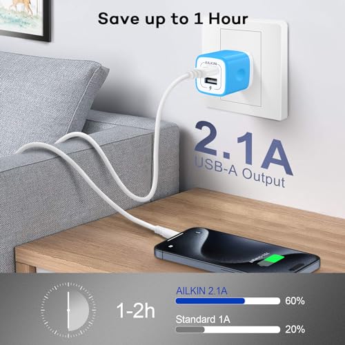 Image of USB Wall Charger, [2-Pack] 5V /2.1AMP AILKIN 2-Port USB Home Charger Block | Travel Plug Power Adapter Charging Box for iPhone 17e 17 Air 16 16e15 14 13 12 Pro Max Mini SE 11 11Pro Plus, Samsung