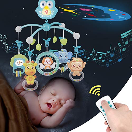 Yuanlebao Baby Crib Mobile With Musical Toy,Baby Toy With Remote Control,Crib Toys With Night Light And Music,Touch Control Toys,Projection, Rotation,Timing,Rattles,Toy For Newborn 3 Months+（Blue） #TOP3