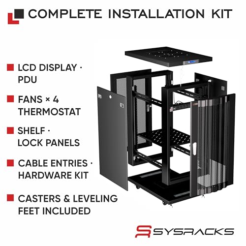 Image of Sysracks 18U Server Rack Cabinet, 39 inch Deep, Mesh Door, 19-Inch | 35 inch rail depth, 4 fans, PDU, shelf, mounting hardware, 1600 lb capacity