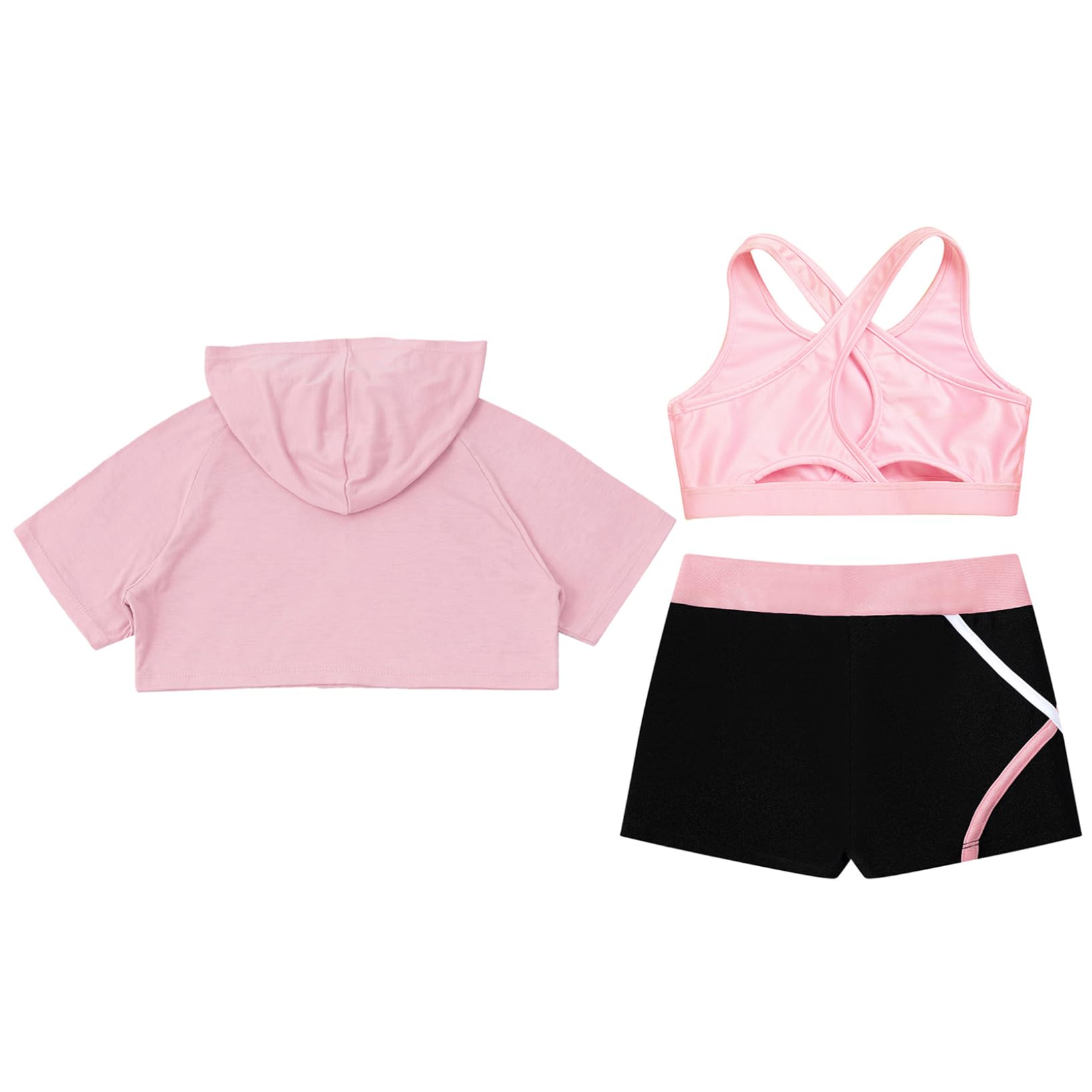 Oyolan Dziecięca dziewczyna zestaw sportowy krótki top bluza z kapturem podkoszulek fitness siłownia joga trening dres lato 5-16 lat