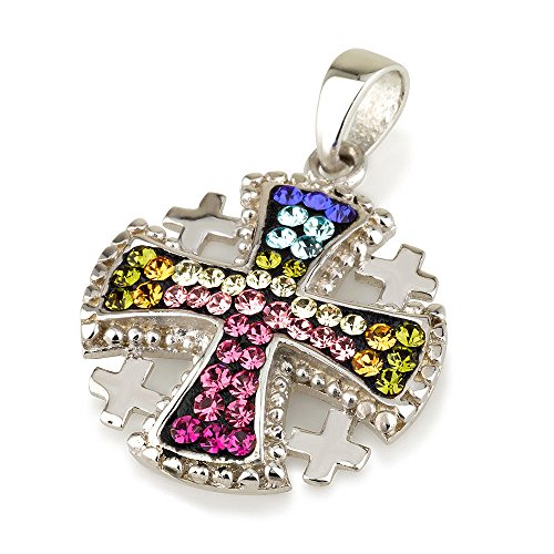 Pendentif croix de Jérusalem multicolore argent 925 femme homme