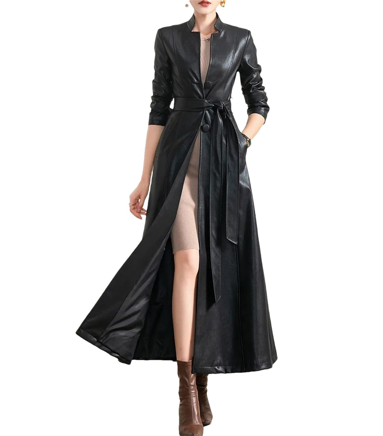 Damen-Mantel für Frühling, Herbst, langärmelig, einreihig, lang, schwarz, Kunstleder, mit Gürtel