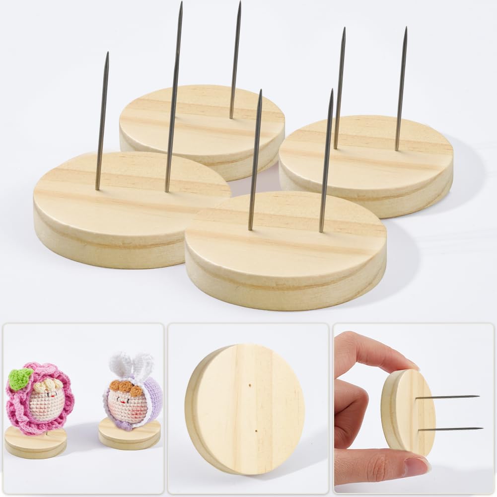GORGECRAFT 5 cm Doppio Ago Acciaio Supporto Bambole All'Uncinetto Base Piatta Rotonda Legno Espositore