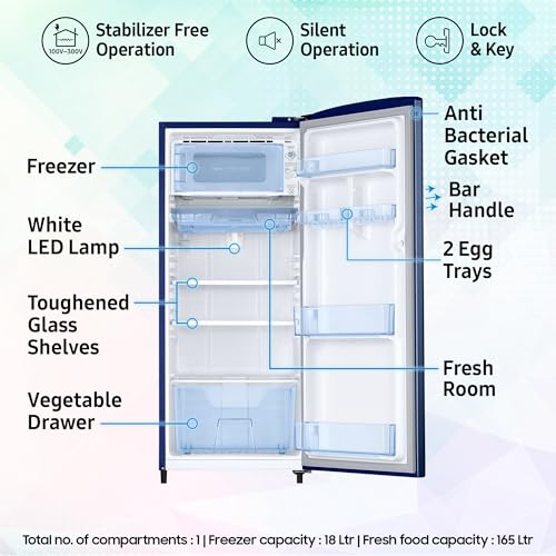 Image of Samsung 183 L, 3 Star, Digital Inverter, Direct-Cool Single Door Refrigerator (RR20H2723CU /NL, Camellia Blue, Single Touch Defrost, 2026 Model)