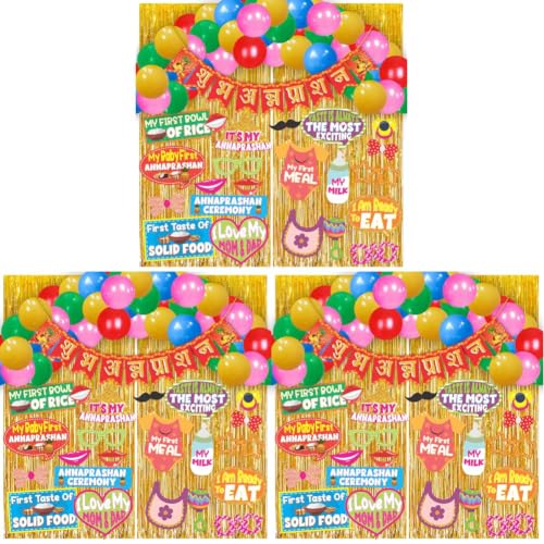 Image of WOBBOX Annaprashan Party Props with Hindi Font Red & Golden Color Bunting Banner & Balloon & Foil Fringe, Annaprashan Decoration Item (44 Pcs Combo) (Pack of 3)