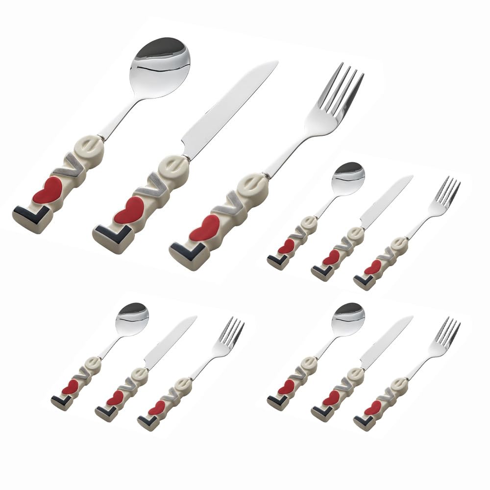 Love Ceramic Handle Kitchen Stainless Steel Silverware Tableware Flatware Cutlery Set Steak Knife Fork Spoon Teaspoon (12 piece)