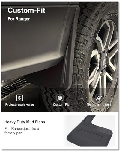 Image of Kiwi Master Mud Flaps for 2024-2026 Ford Ranger (Not Fits Raptor), OEM Replacement # R1WZ-16A550-AA R1WZ-16A550-BA, Heavy Duty Mud Guards, Front & Rear Splash Guards, No Drill, 4 Pcs Set