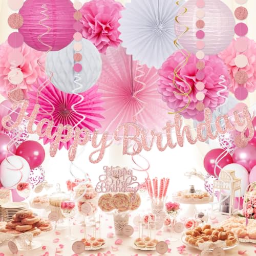 Image of Pink White Birthday Decorations Women Girls, Happy Banner, Paper Lanterns Honeycomb, Tissue Flowers Pom Poms Fan, Light Pink Latex Balloon Pink Confetti Balloons for Birthday Party Decor