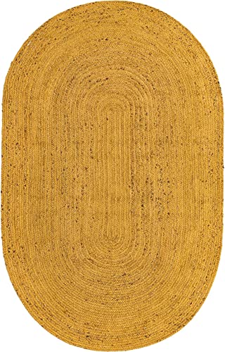 Image of Unique Loom Braided Jute Collection Area Rug - Dhaka (5' 1 inch x 8' Oval, Yellow)