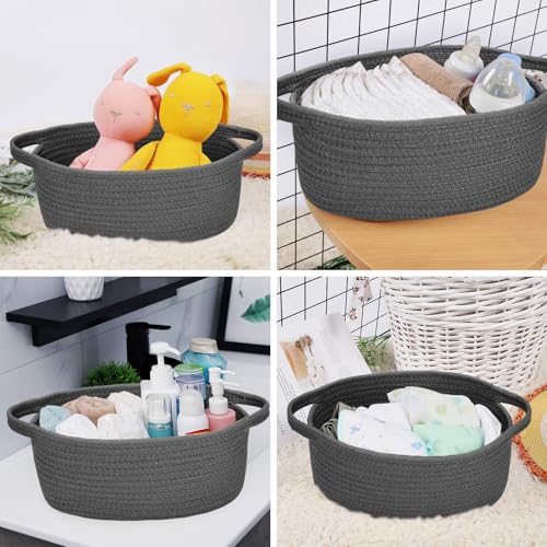 Image of ABenkle Small Basket with Handles, Boho Decorative Rope Woven Dog Cat Toy Storage Bin Shelf Storage Organizer, Easter Christmas Gift Basket, 12 inchx8 inchx5 inch